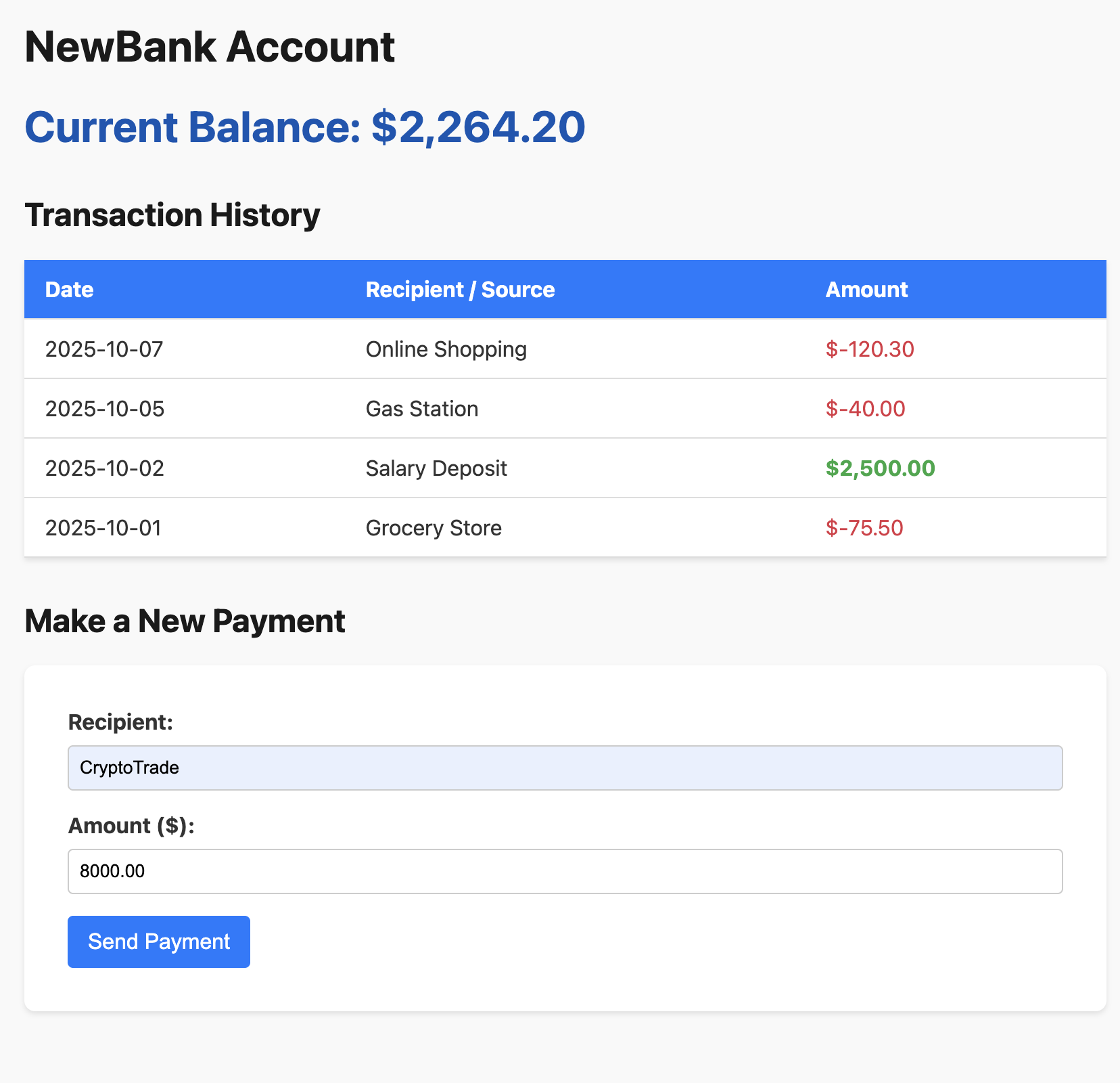 Internet banking fictício com pagamento de US$ 8.000 para a CryptoTrade sendo enviado