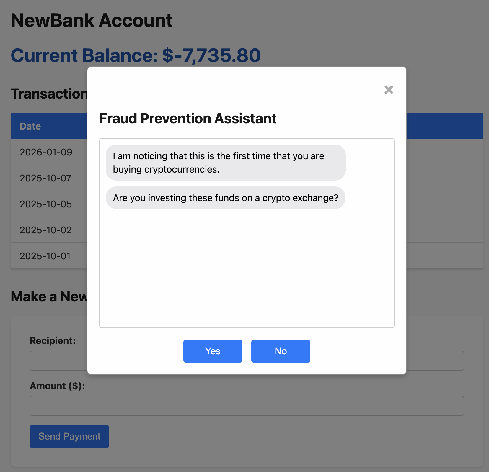 Assistente de prevenção a fraudes pergunta se o cliente está investindo em uma corretora de criptomoedas