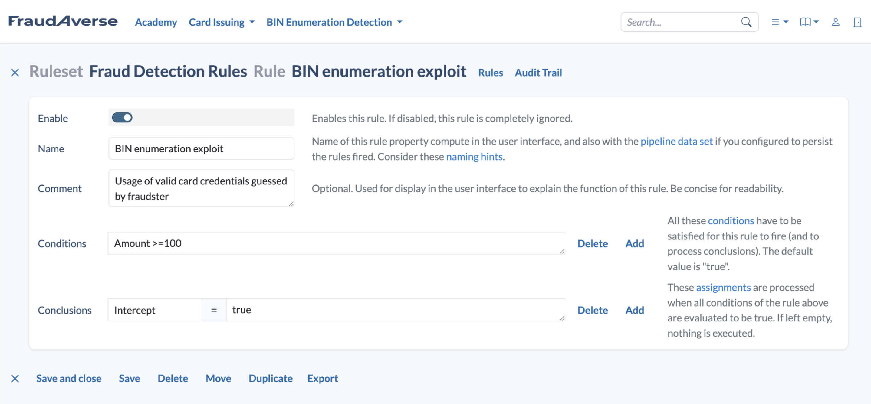 Regra inicial "BIN enumeration exploit": condição valor >= 100 e conclusão interceptar = verdadeiro