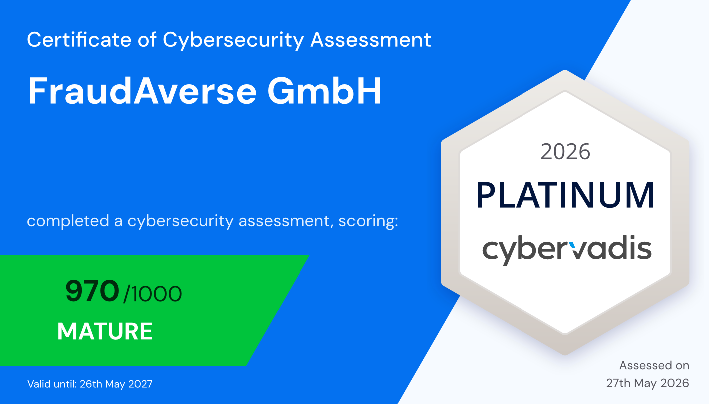 Certificado CyberVadis da FraudAverse: nível Platinum 2026, 970/1000 pontos (Mature), válido até maio de 2027