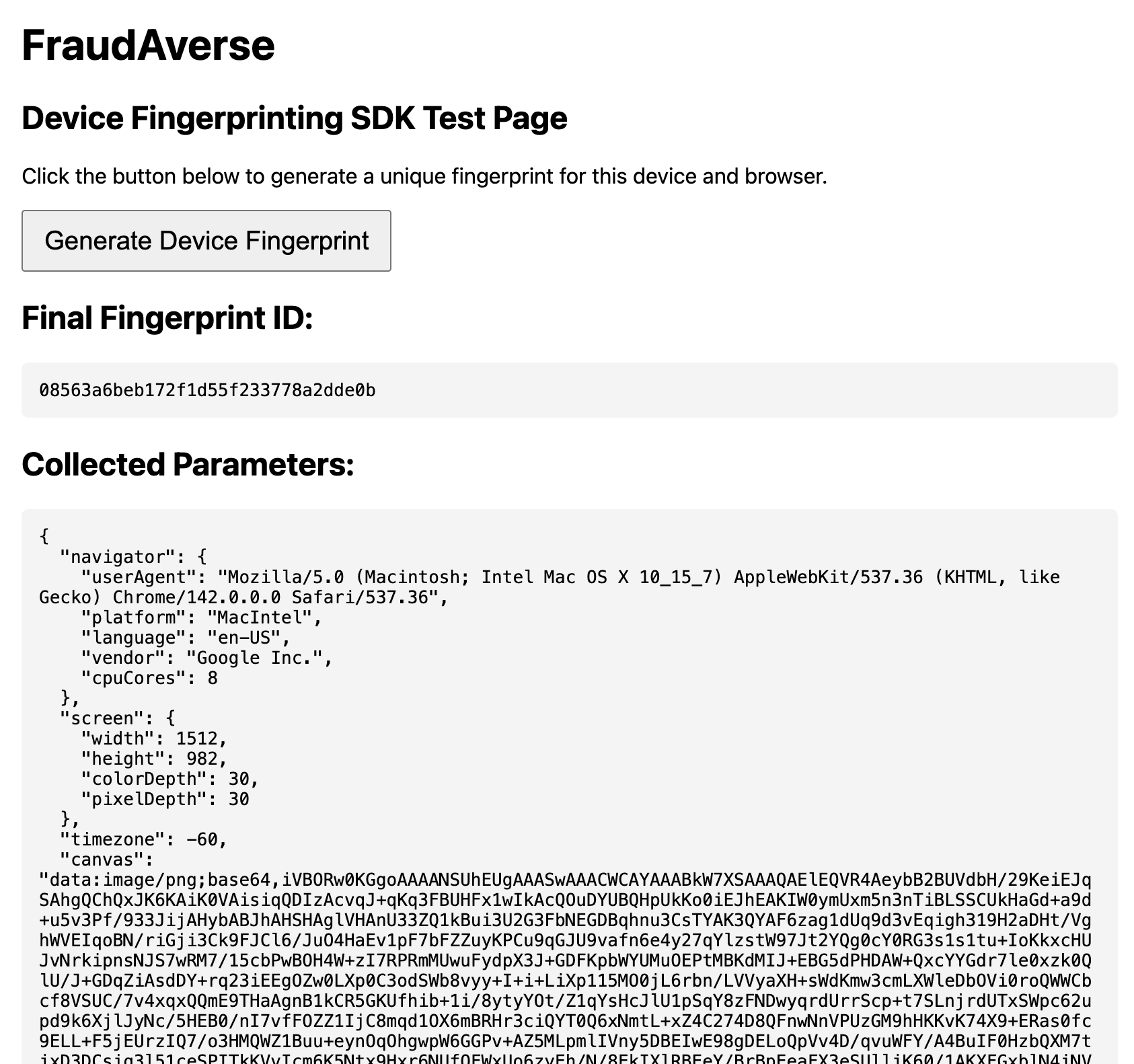 Página de teste do SDK de fingerprinting: ID único do dispositivo e parâmetros coletados do navegador